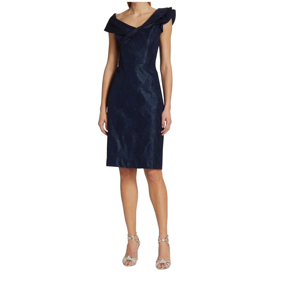 navy blue dress for baby girl Teri Jon by Rickie Freeman Metallic Jacquard A Line Shirt Dress