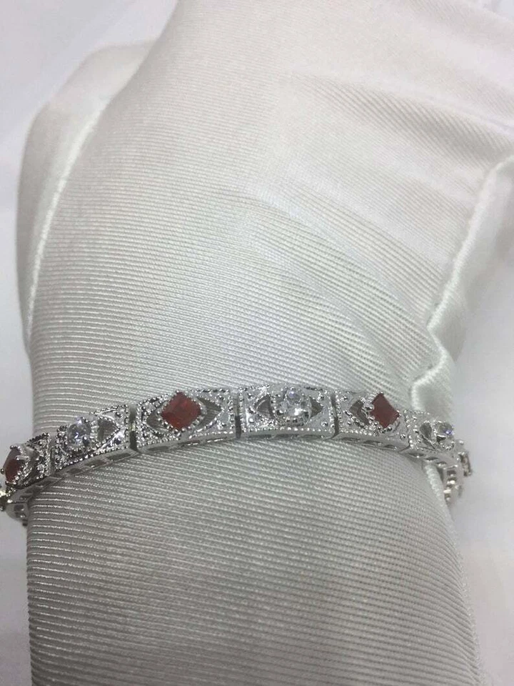 Amazing Classic 935 Silver Women's Red Ruby & White CZ Fabulous Awesome Bracelet - Image 3 of 4