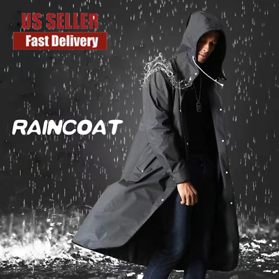 Raincoat Men Black Waterproof Long Rain Coat Hooded Trench Jacket