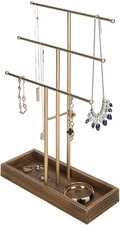 3-Tier Gold Metal Jewelry Display Stand with Wood Ring Tray, Jewelry Stand