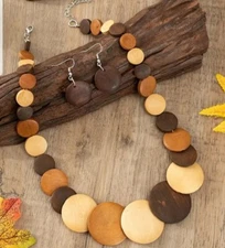 Large Wooden Statement Necklace And Earrings Set Bohemian
