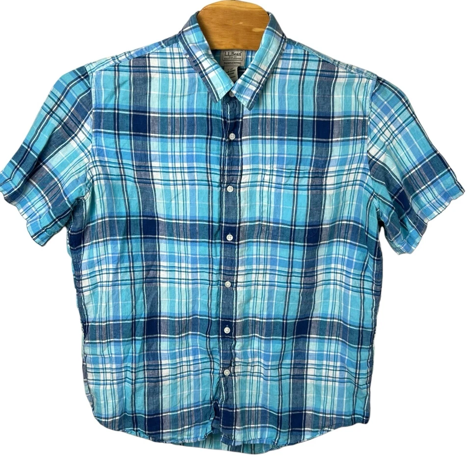 L.L. Bean Mens XL Blue Plaid Linen Short Sleeve Button Up Shirt - Image 2 of 4