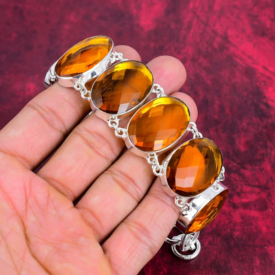 Brazalete para mujer de plata de ley 925 hecho a mano con piedras preciosas de citrino facetadas Foto 2 de 4