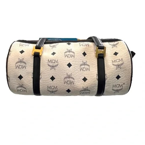 MCM Visetos Monogram Papillon Barrel Bag White with Blue Trim and Handle - Picture 4 of 8