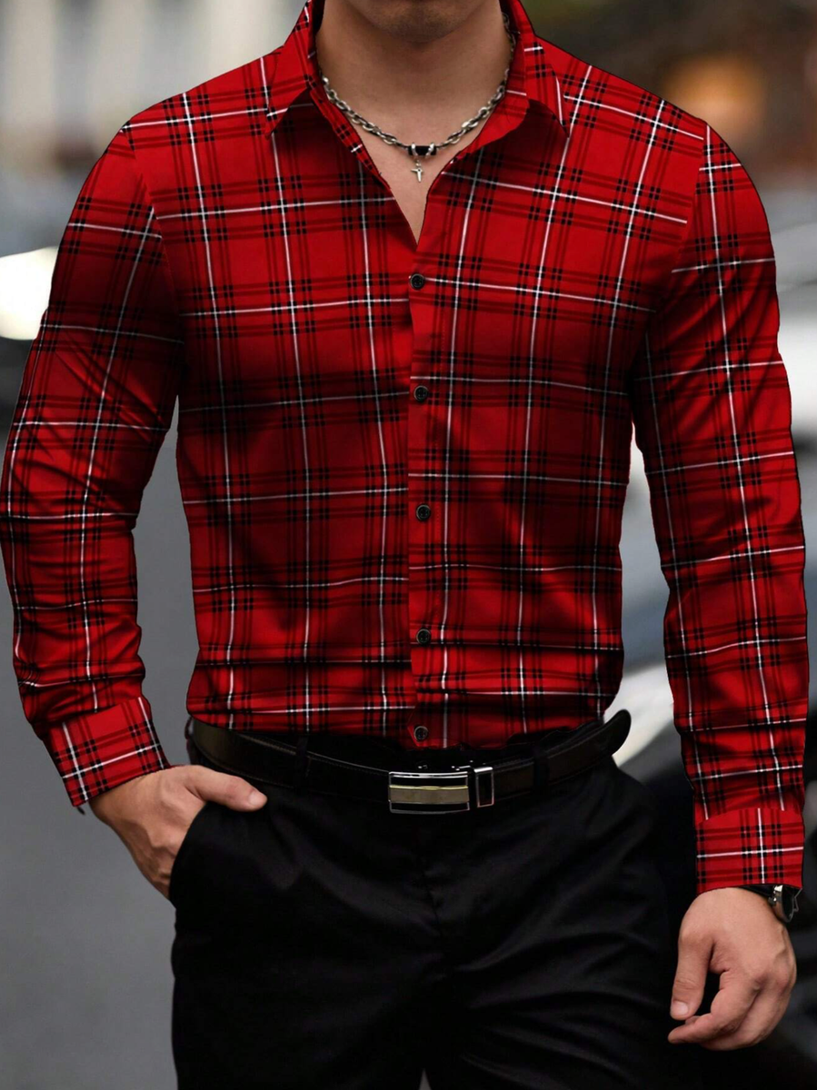 Camisa de Hombre de Vestir Moda Elegantes Casuales Formales Rayas Cuadros  Roja