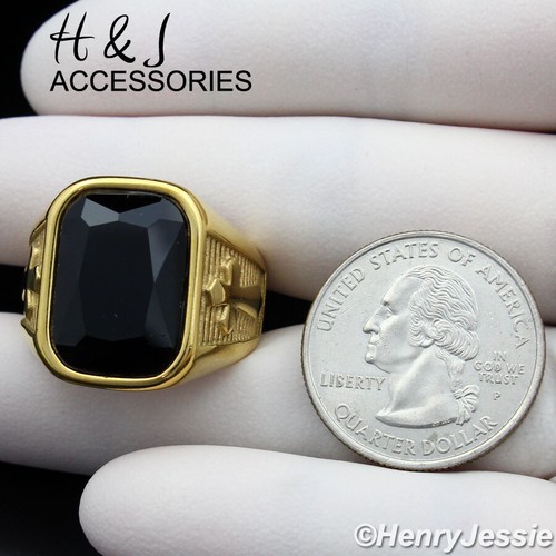 MEN's Stainless Steel Gold Plated Black Onyx Cross Ring Size 7-13*AGR112 - Afbeelding 1 van 3