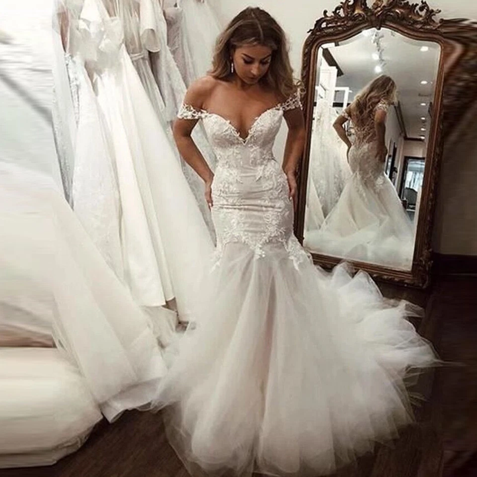 Sexy Mermaid Wedding Dresses Lace Long Sleeves Off Shoulder Bridal Gowns - Image 3 of 4