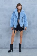 Women Blue Oversized Belted Luxury Faux Fur Long Length Biker Jacket. Uk S M L