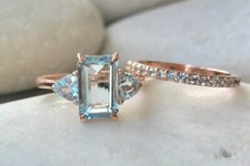 2.7ct Lab-Created Blue Aquamarine Engagement Ring Bridal Set Rose Gold Plated