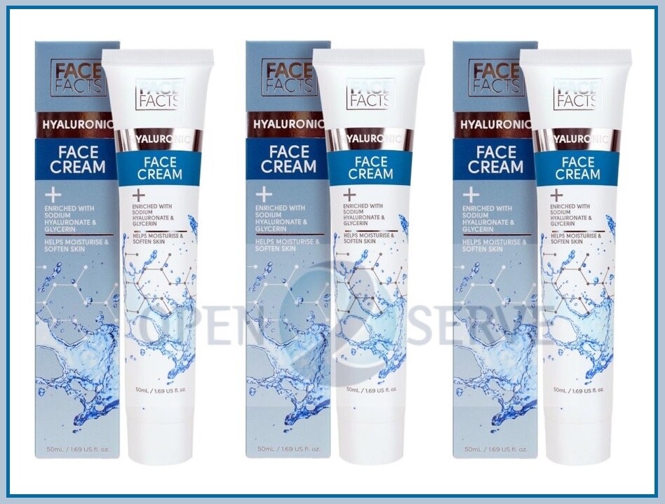 3x FaceFacts Hyaluronic Face Cream Sodium Hyaluronate Glycerin Moisturiser- 50ml
