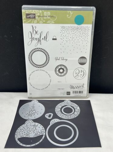 Stampin Up MERRIEST WISHES Christmas Holiday Rubber Stamps Dies - Picture 1 of 2