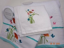 Bath, Hand Face Towels. White with Lovely Embroidered  Flowers & Butterflies