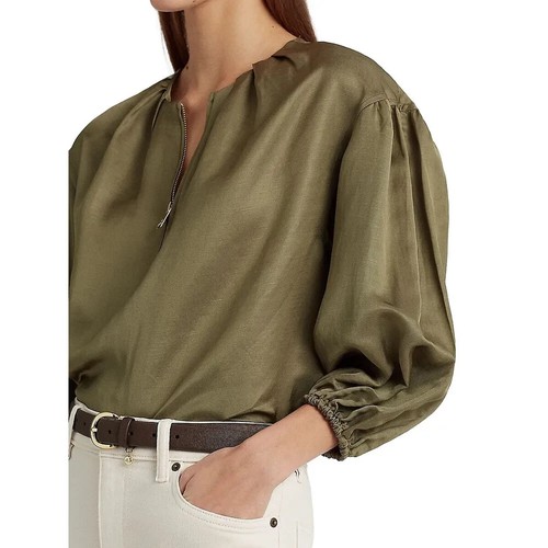 Lauren Ralph Lauren Womens Shantung Blouson Sleeve Blouse olive green Size XL - Picture 4 of 4