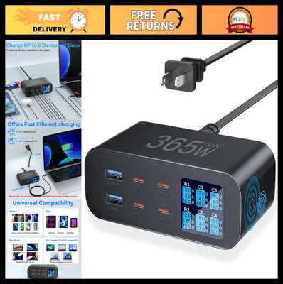 6-Port USB C Charger Station with LED Display, 100W GaN Fast Charging, PD & QC 3
