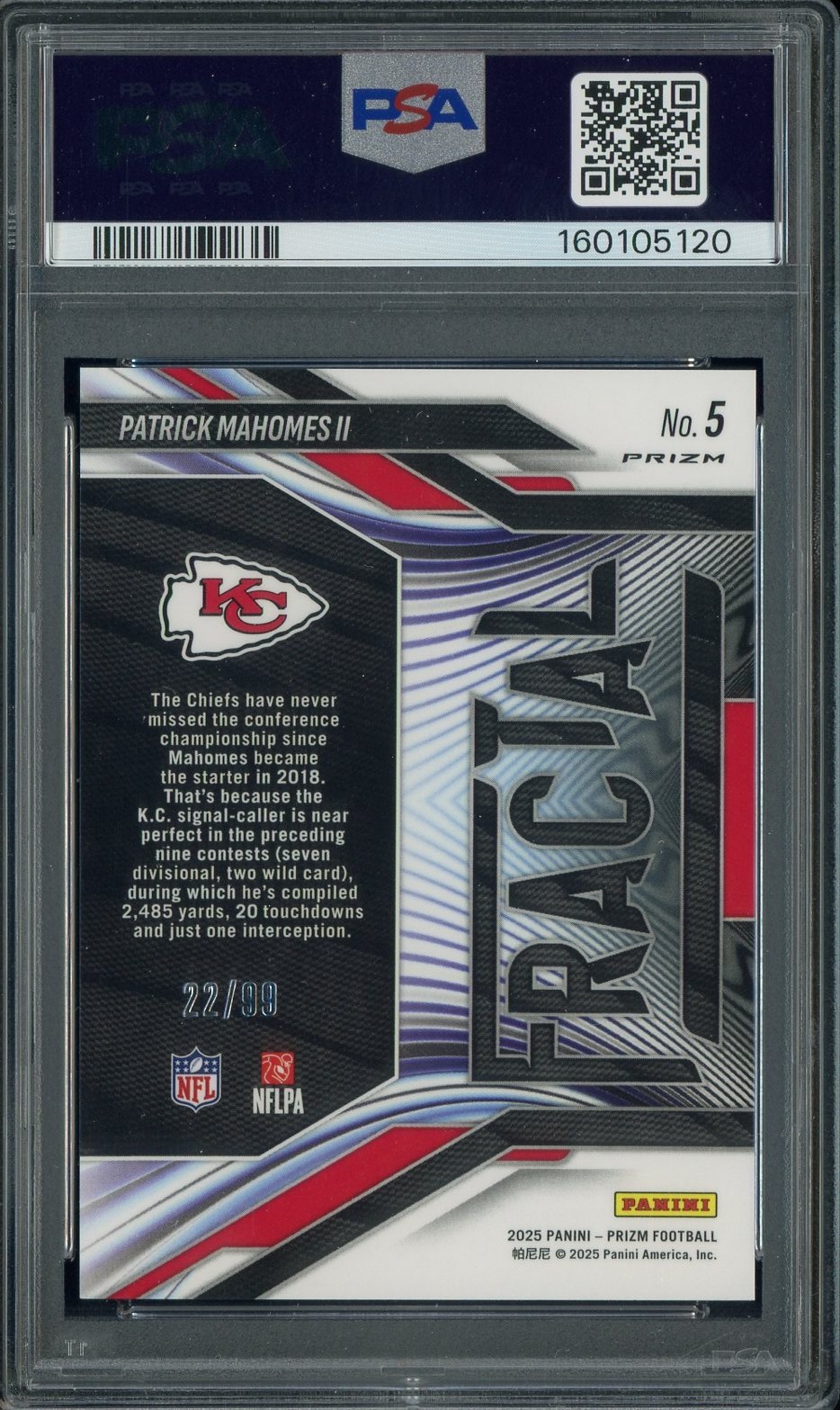 2025 Prizm Fractal Blue Ice #5 Patrick Mahomes II Chiefs /99 PSA 10 GEM MINT view 2