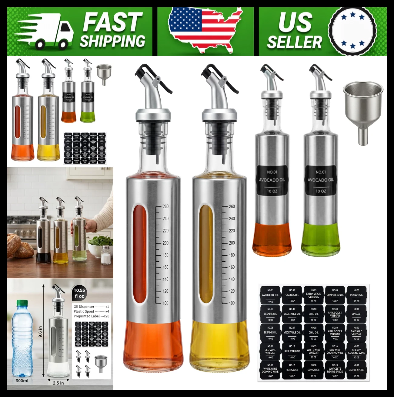 Olive Oil Dispenser Set 4 Pack 10oz with Labels and Funnel