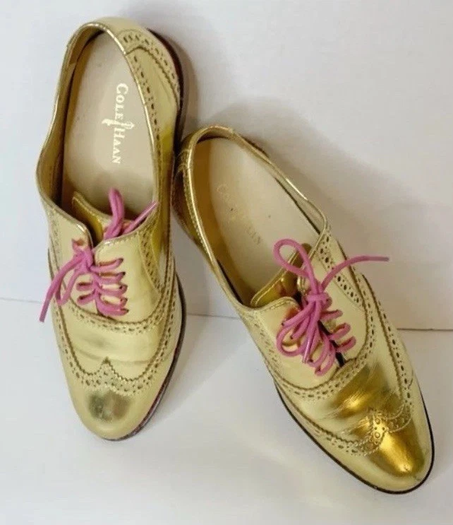 Zapato Cole Haan Skylar Metálico Dorado Con Cordones Oxford Punta de Ala Brogue Talla 7.5 Mujer Foto 4 de 4