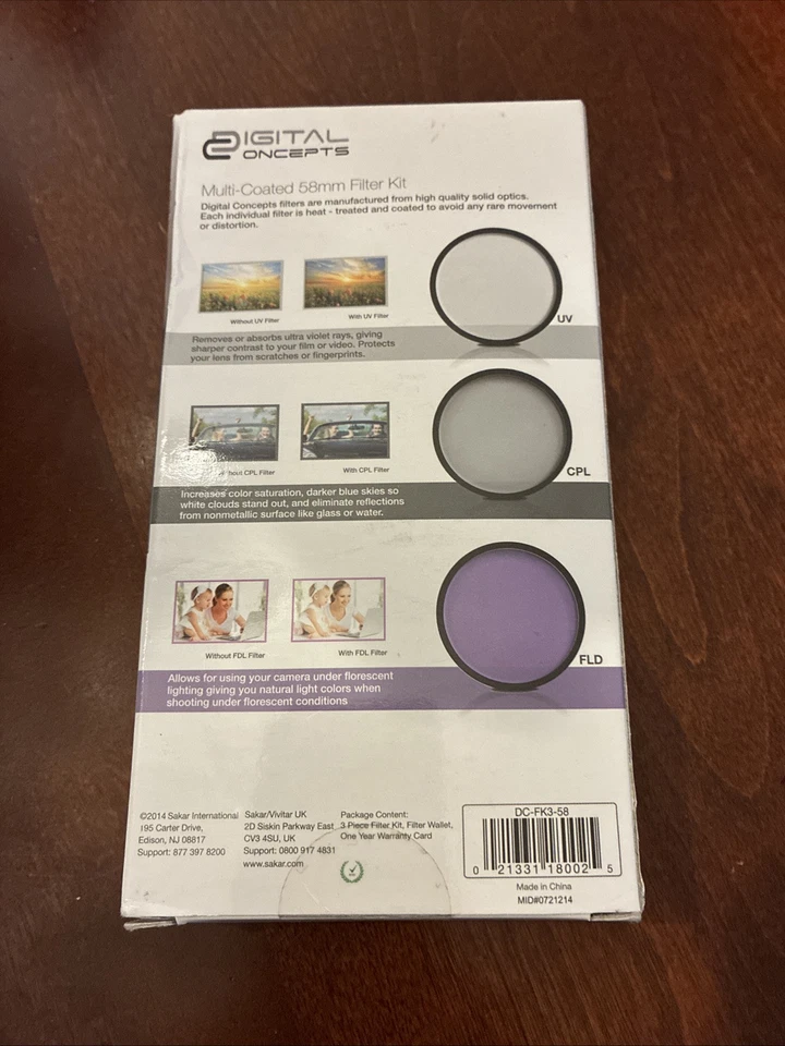 Digital Concepts 58mm Camera Video 3 Piece Filter Kit UV/CPL/FLD New Sealed Box - Image 2 of 4