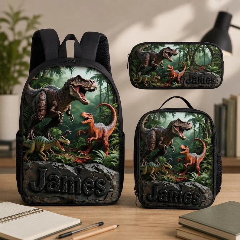 Personalized Dinosaur Backpack Lunch Bag Pencil Case 3Pc School Set for Kids