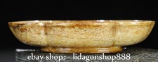 6.3" Old Chinese Hetian Yellow Jade Carved Dragon Beast Pattern Plate Tray