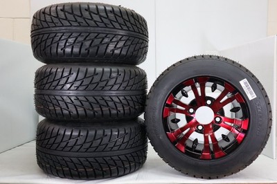 RETURNED GOLF CART 10'' RED-BLK VAMPIRE WHEELS and 205/50-10 DOT LOW PRO TIRE (4)