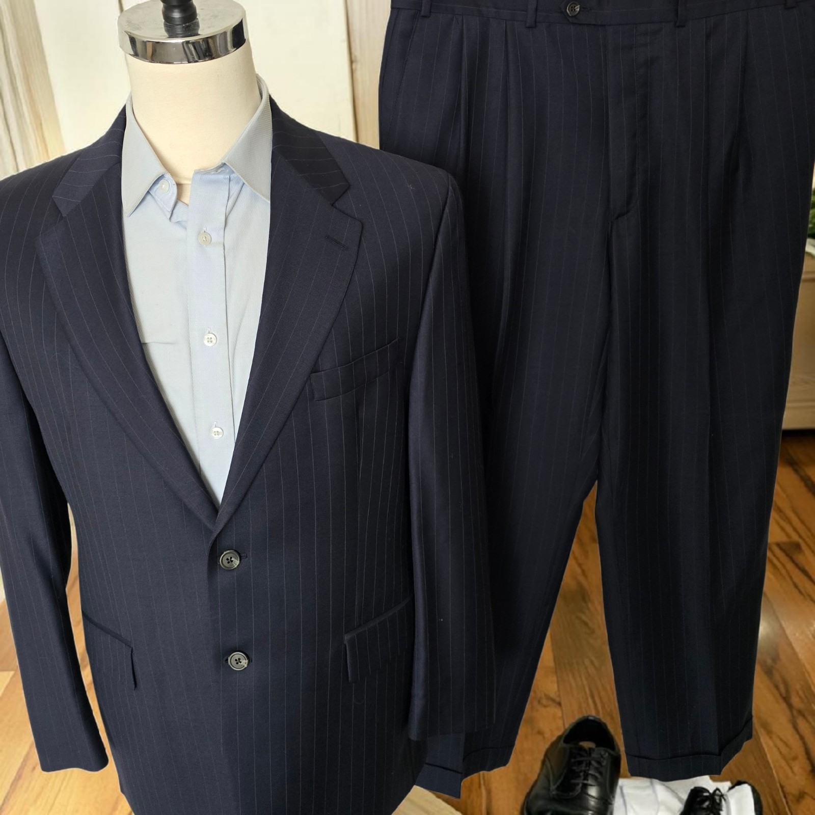 Vintage Ralph Lauren Suit 44r 37x29 Navy Pinstripe Wool Cashmere Made In Canada