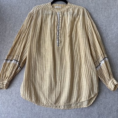 Ulla Johnson Striped Cotton Popover Blouse Womens XL Yellow Mandarin Collar Flaw