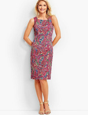 Talbots Women Textured Paisley Print Tie Back Sheath Dress Sz 14 Pink Multi