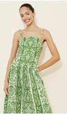 Farm Rio Anthropologie Midi Dress Green Delicate Tapestry Linen Preppy Medium NW