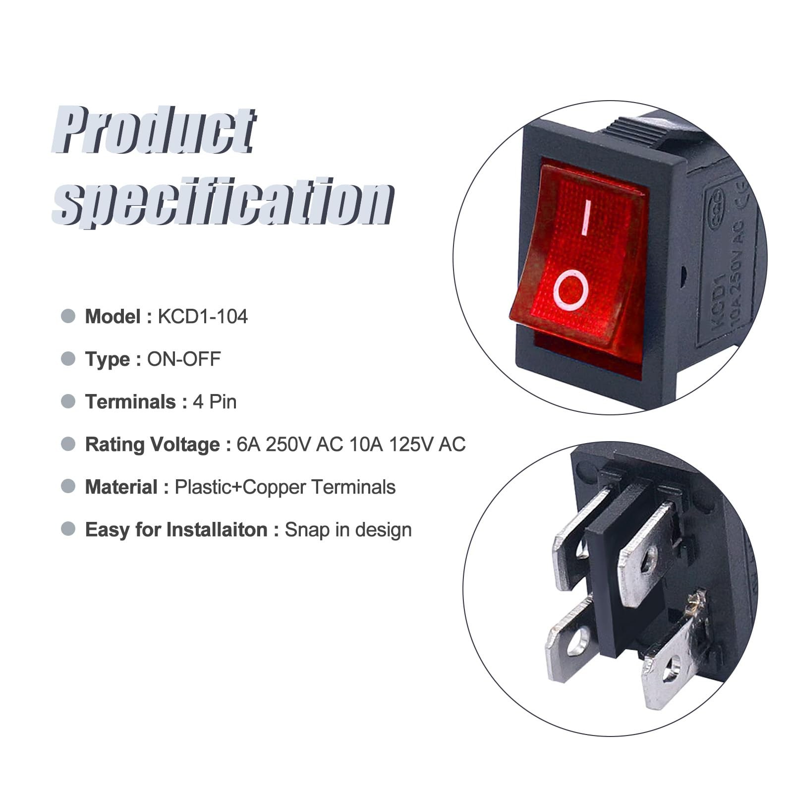 KCD1-104N ON-OFF 4 Pin 2 Position Red LED Light Illuminated Mini Boat ...