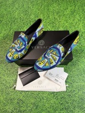 $850 Versace Mens Blue Printed Silk Loafer Sl...
