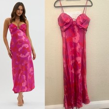 NEW Saints + Secrets 8 Pink Satin Floral Print A-Line Midi Summer Dress