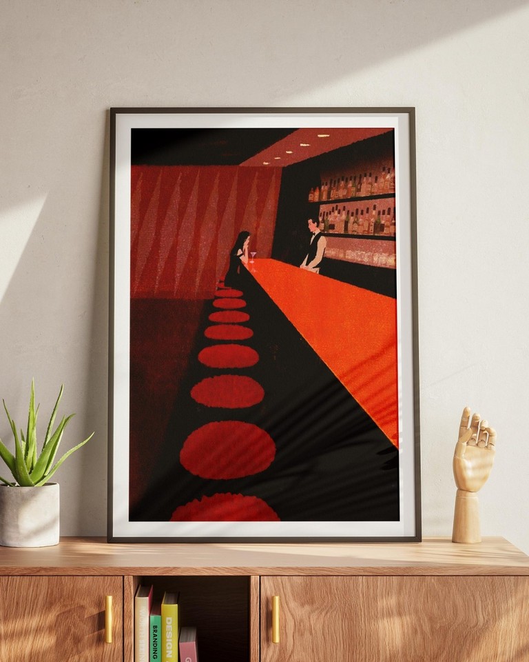 Crisp mid-century cocktail lounge art print that looks like it fell out of a 1950s hotel bar — instant retro sophistication for any home bar wall.
