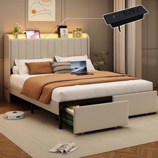 Queen Size Bed Frames with Storage Headboard and 2 Drawers