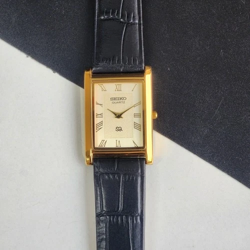 Vintage Seiko Slim Tank Quartz Men Golden Dial Dress Watch-Free Shipping