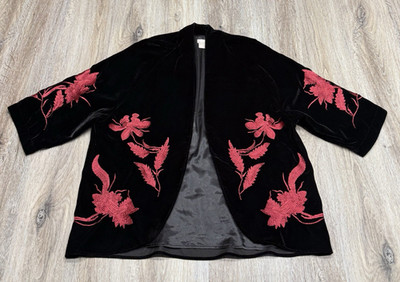 Chicos Travelers Kimono Jacket Womens 12/14 Black Velvet Red Floral Embroidery