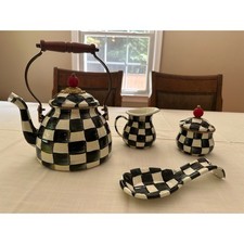 MacKenzie-Childs Courtly Check Tea Set Kettle Creamer Sugar Spoon Rest Platter
