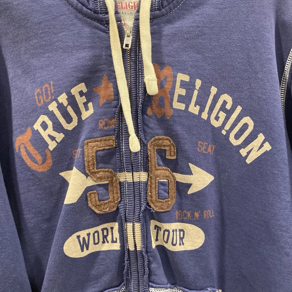 Moletom com capuz True Religion masculino L azul marinho zíper completo logotipo ortográfico Buda - Imagem 3 de 4