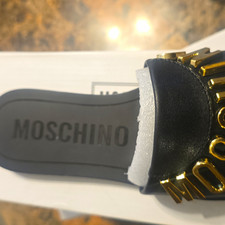 MOSCHINO Women's Black/Gold Logo Slide Sandals Slip-On Leather Size 7