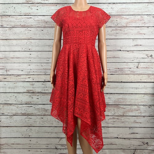 Anthropologie Maeve Red Orange Prima Asymmetric Hanky Hem Lace Dress Size 4 - Picture 3 of 10