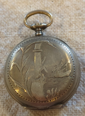 ! .800 Silver Pond Scene Pocket Watch For Parts. Missing Dial. See the Pictures!