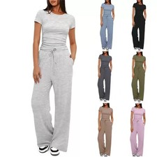 2026 Women Pleated 2Pcs Set Short Sleeve Top Wide Leg Pants Casual Outfit