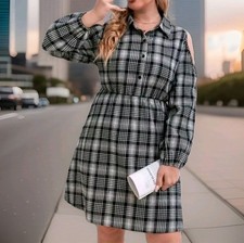 Womens Size 24 Plaid Aline Cold Shoulder Shirt Dress Collared Button Up New 4XL