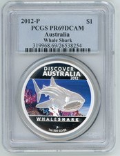 2012-P WHALE SHARK $1 DISCOVER AUSTRALIA COLORIZED  1 Oz. PROOF SILVER PCGS PR69