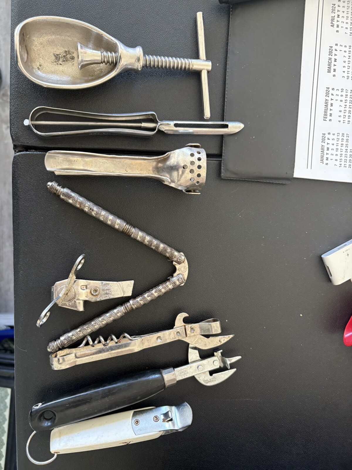 Lot Vintage Metal Kitchen Utensils Gadgets Tools, swish, can opener, nut cracker