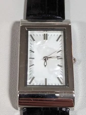 White Pearlized Dial Silver Tone Rectangle Case Black Leather Band Watch