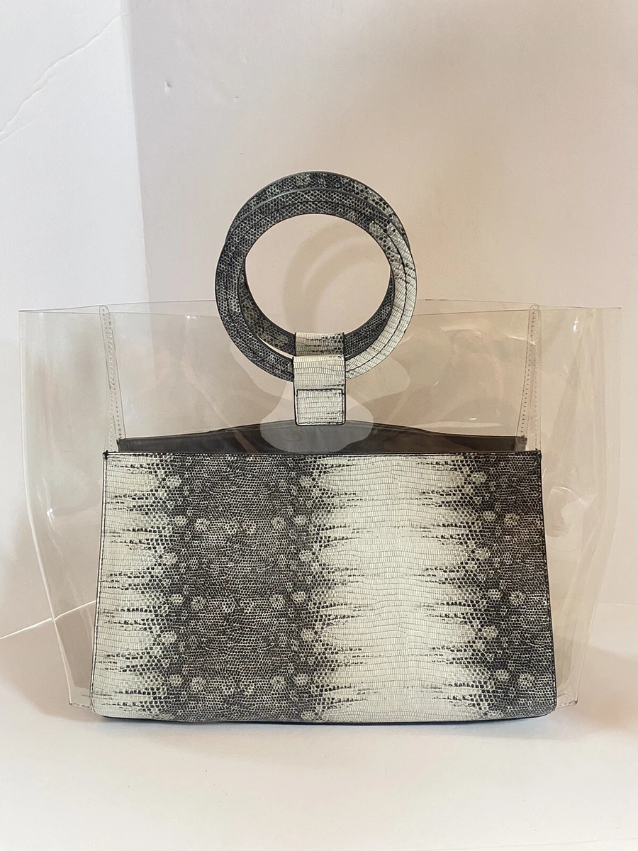 Vince Camuto White Black Snake Print Large Clear Tote Ring Handle Bag
