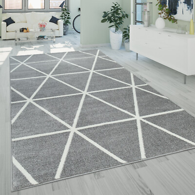 Kurzflor Teppich Grau Weiß Wohnzimmer Rauten Muster Skandi Design Weich Robust