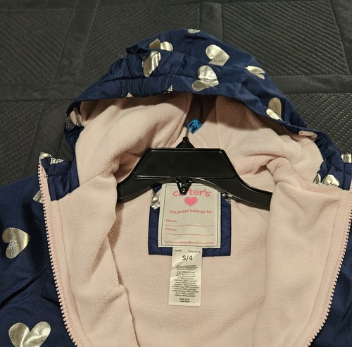 Girl Sz 4 Carters Light Weight Jacket. Navy Blue W/ Silver Hearts Lined W/ Pink - Picture 3 of 3