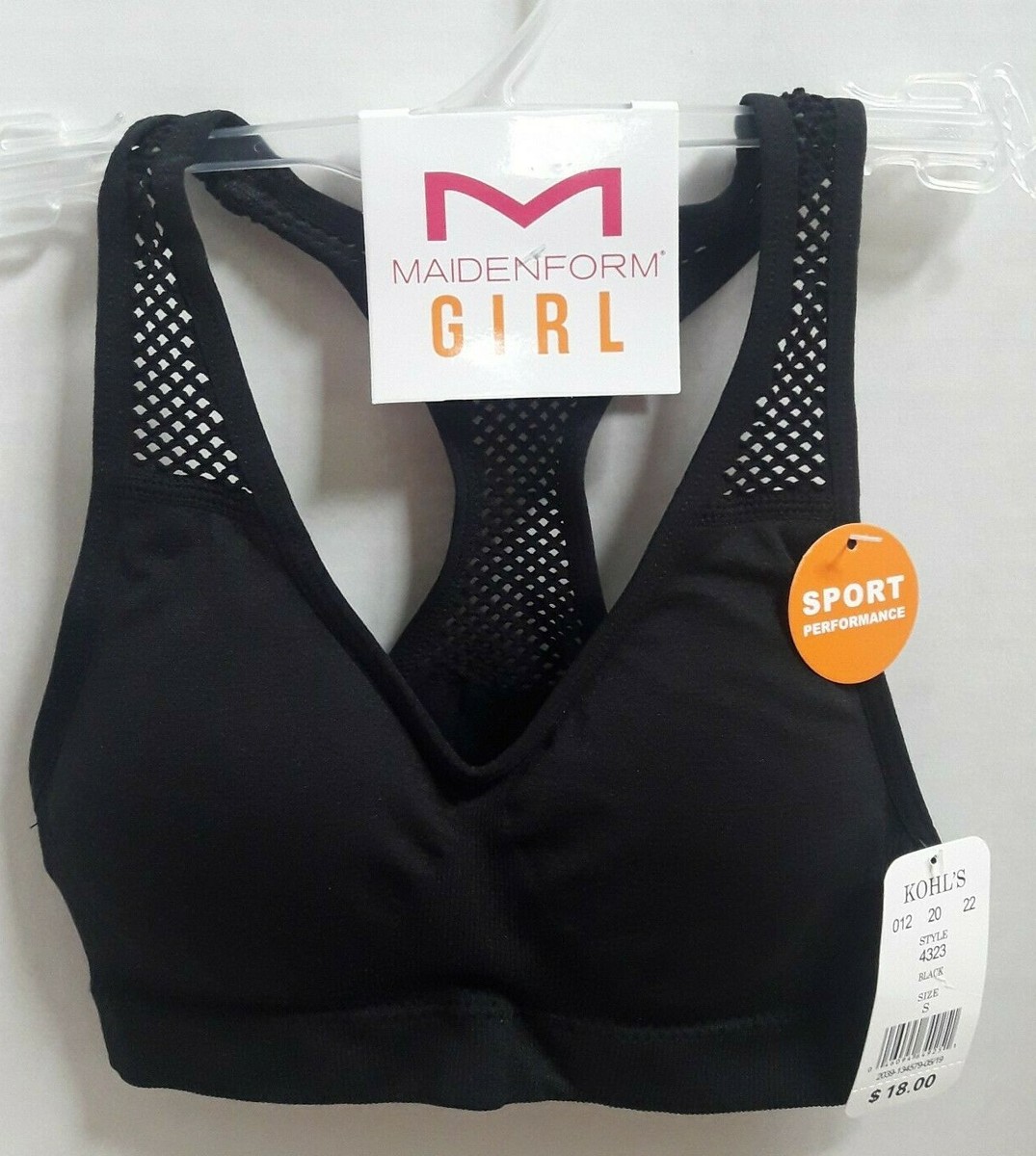 NWT Maidenform Girls Mesh Back Seamless Sports Bra 4323 Black